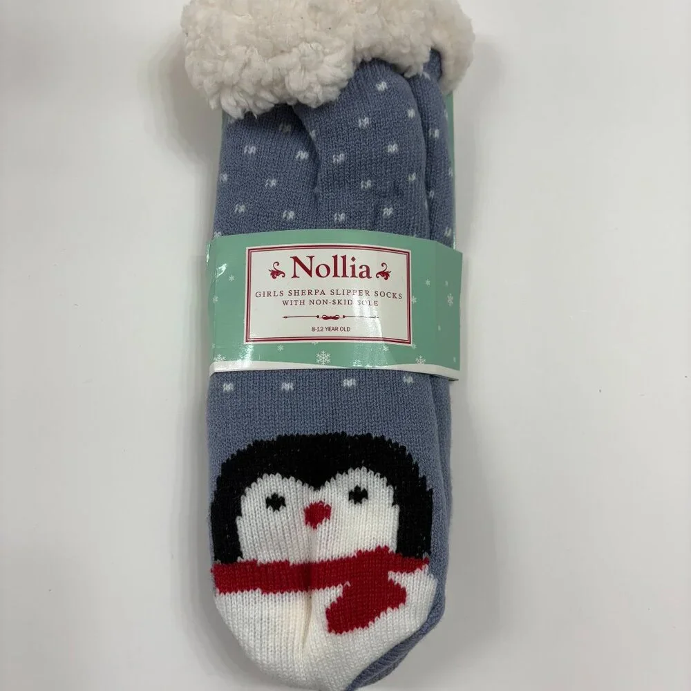 Sherpa Socks - Heavy Non-Skid- Penguin - Kids 8-12 Yrs - NWT